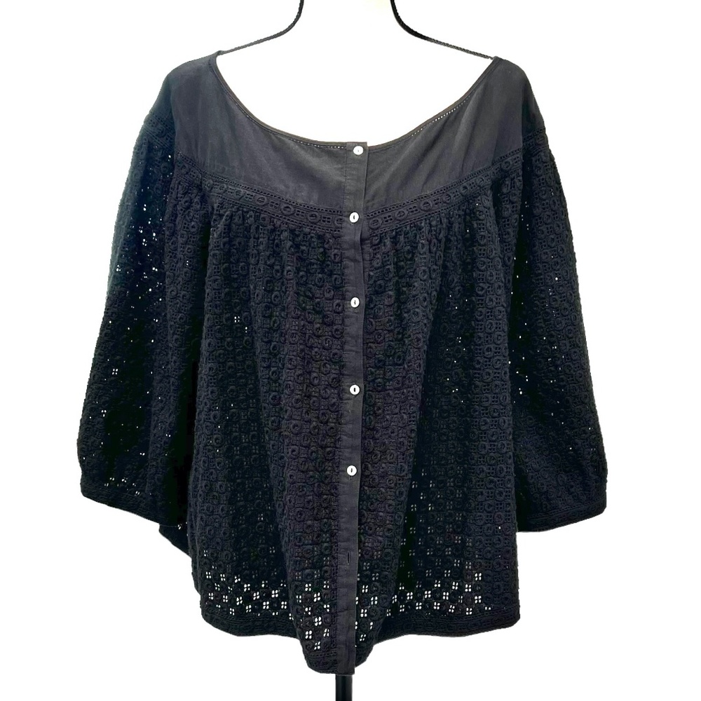 MAX STUDIO BLACK COTTON EYELET SCOOP NECK 3/4 BALLOON SLEEVE CROPPED TOP JACKET